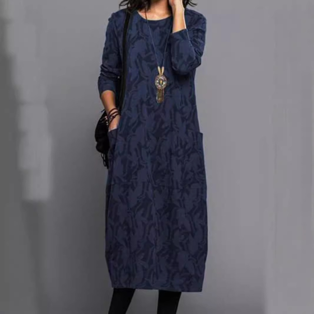 Women's Round Neck Long Sleeve Pocket Dress Casual Floral Print