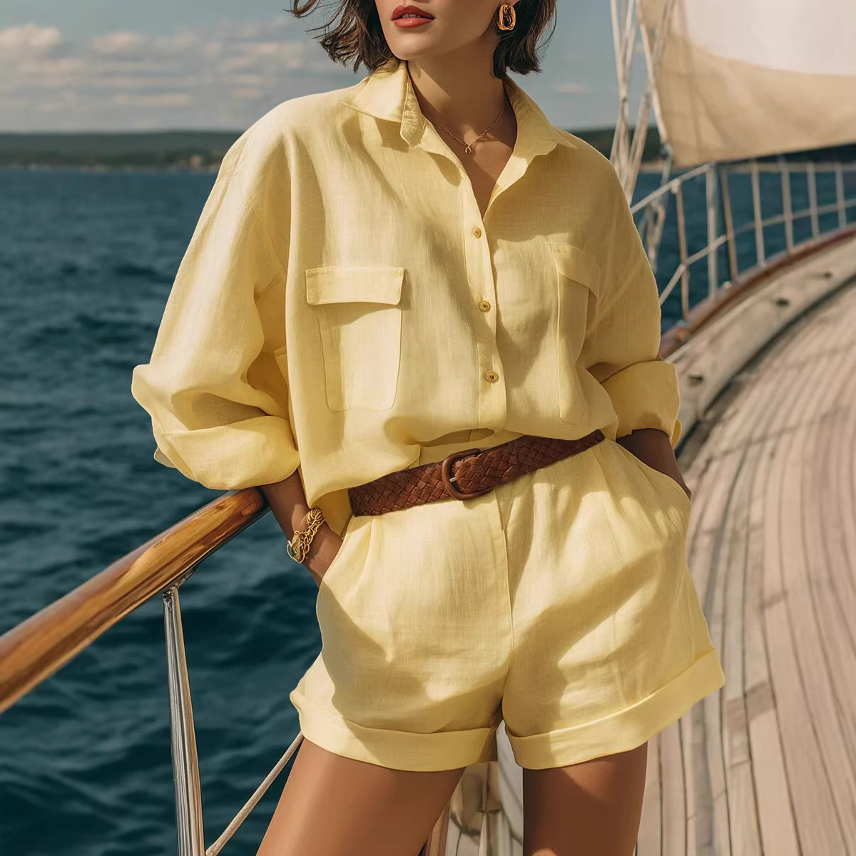 Women's Solid Color Cotton-Linen Loose Button-Front Shirt and Shorts Casual Set