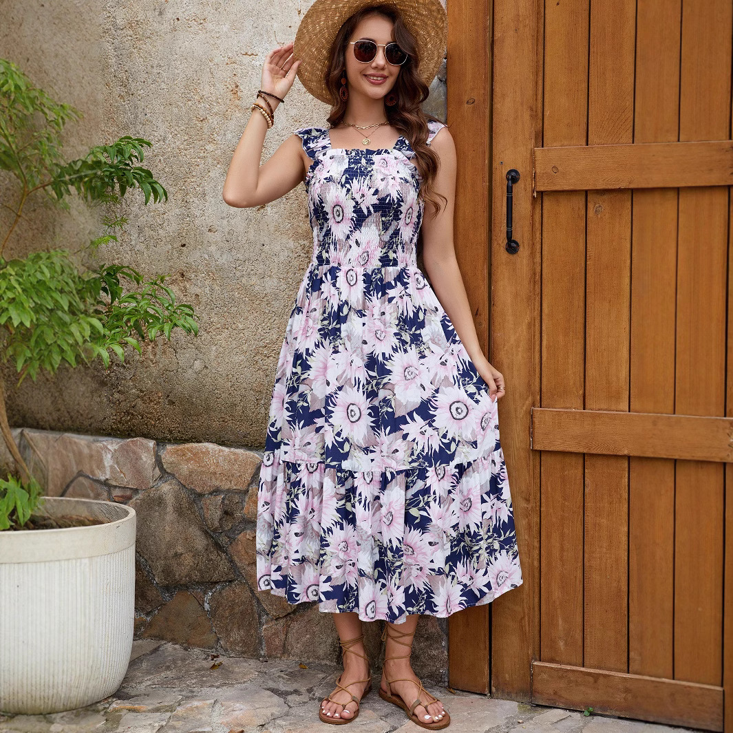 Women's Floral Print Ruffle Sleeve Tie-Waist Cami Maxi Dress