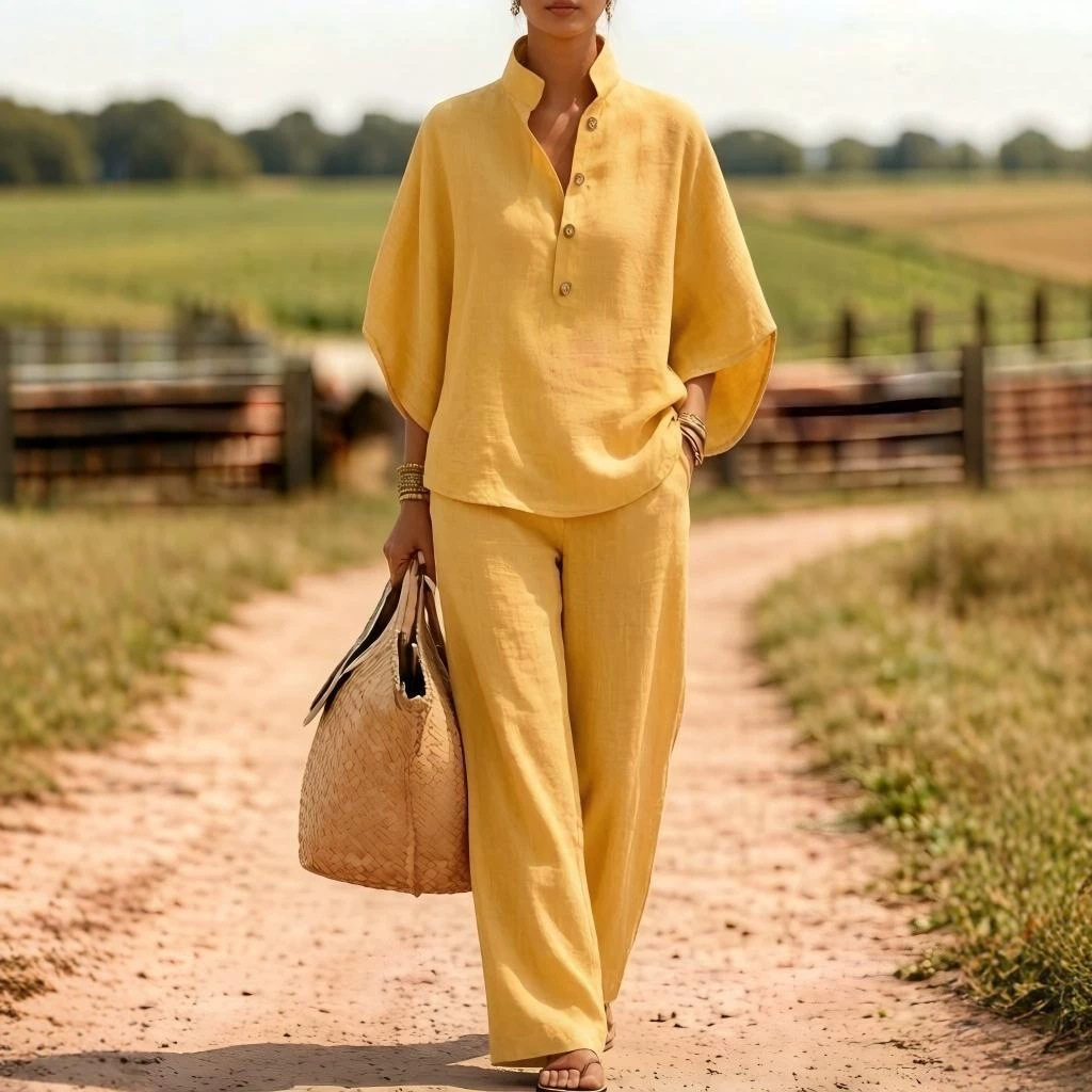Women's Casual Button Shirt and Wide-Leg Pants Two-Piece Set