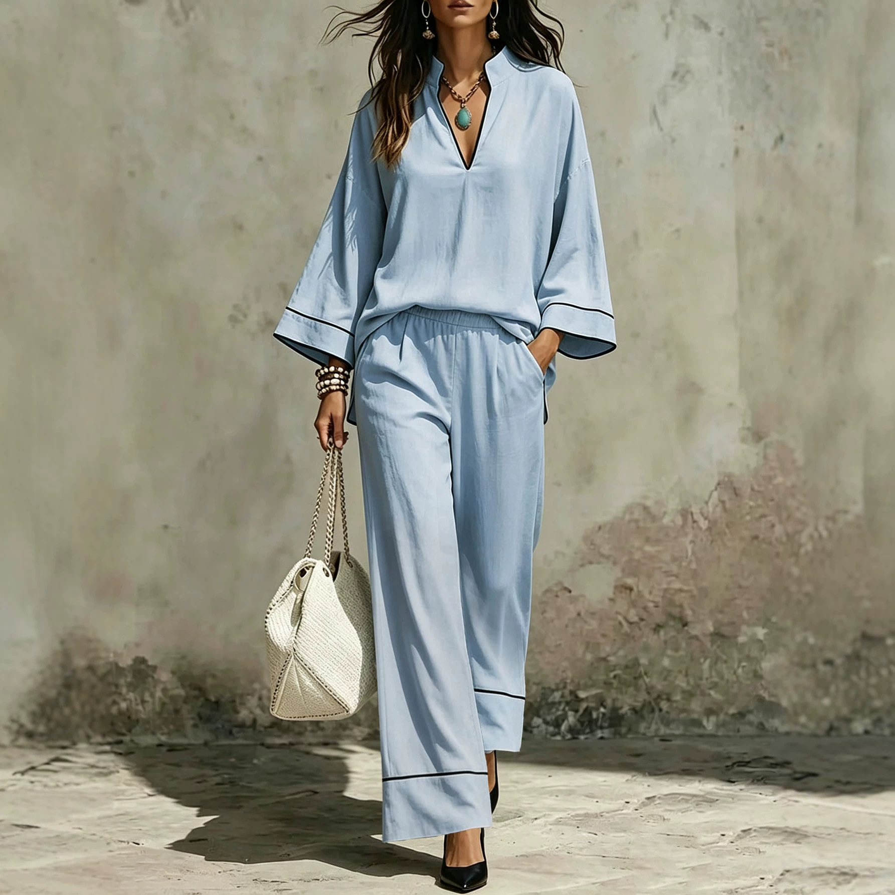 Women's Casual Two-Piece Set Long Sleeve V-Neck Colorblock T-Shirt and Pants