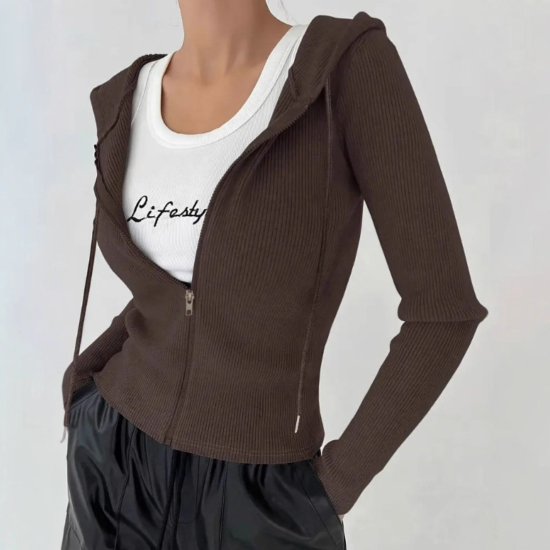 Solid Color Slim Fit Hooded Zip-Up Jacket Casual Women's Top