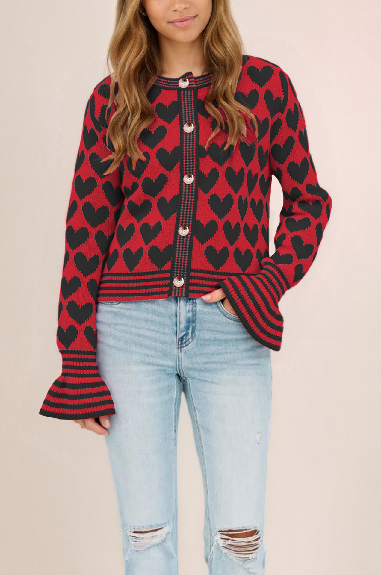 Heart Pattern Knit Cardigan Sweater Crew Neck Colorblock