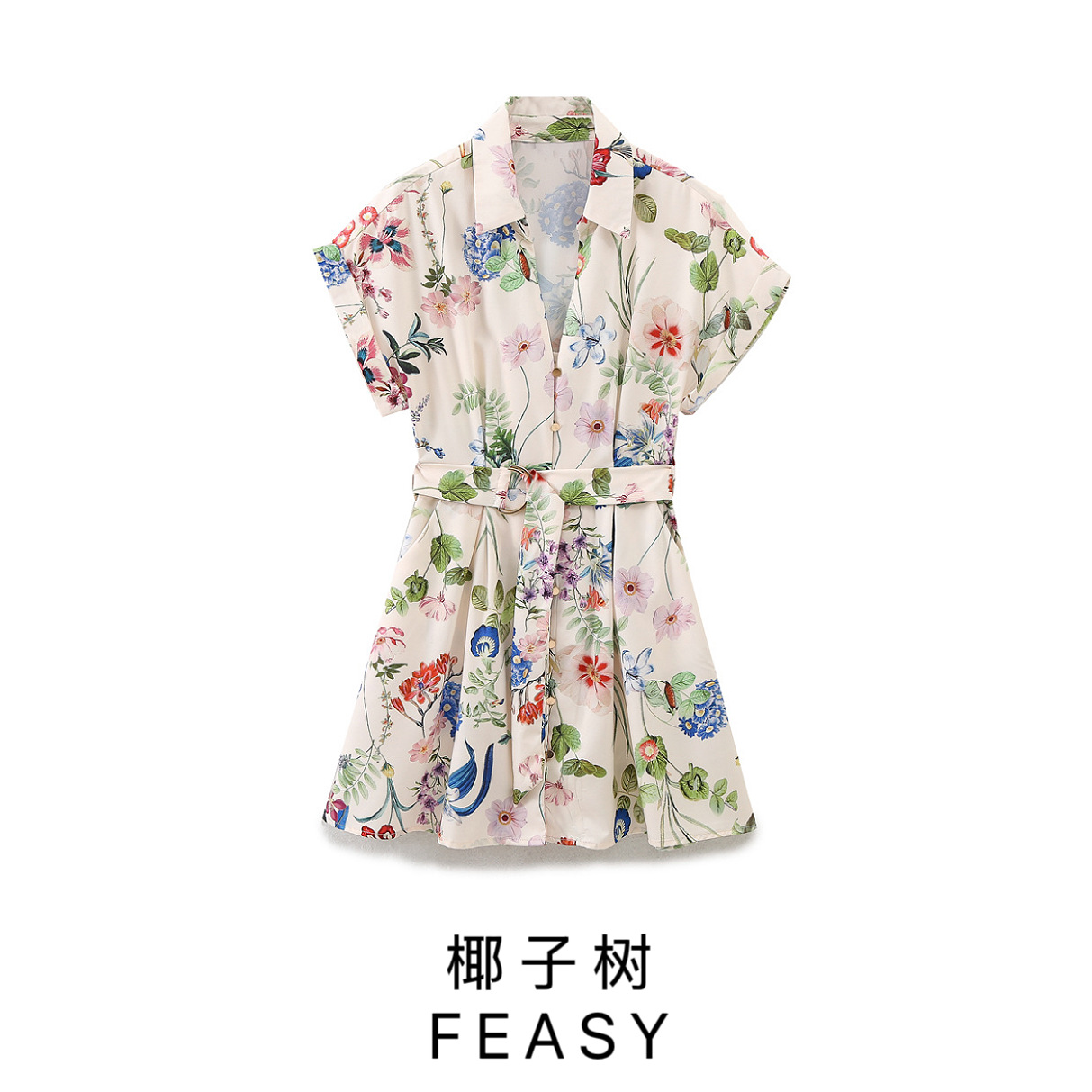 Silk-Feel Belted Short Dress with U-Neck and 3D Print