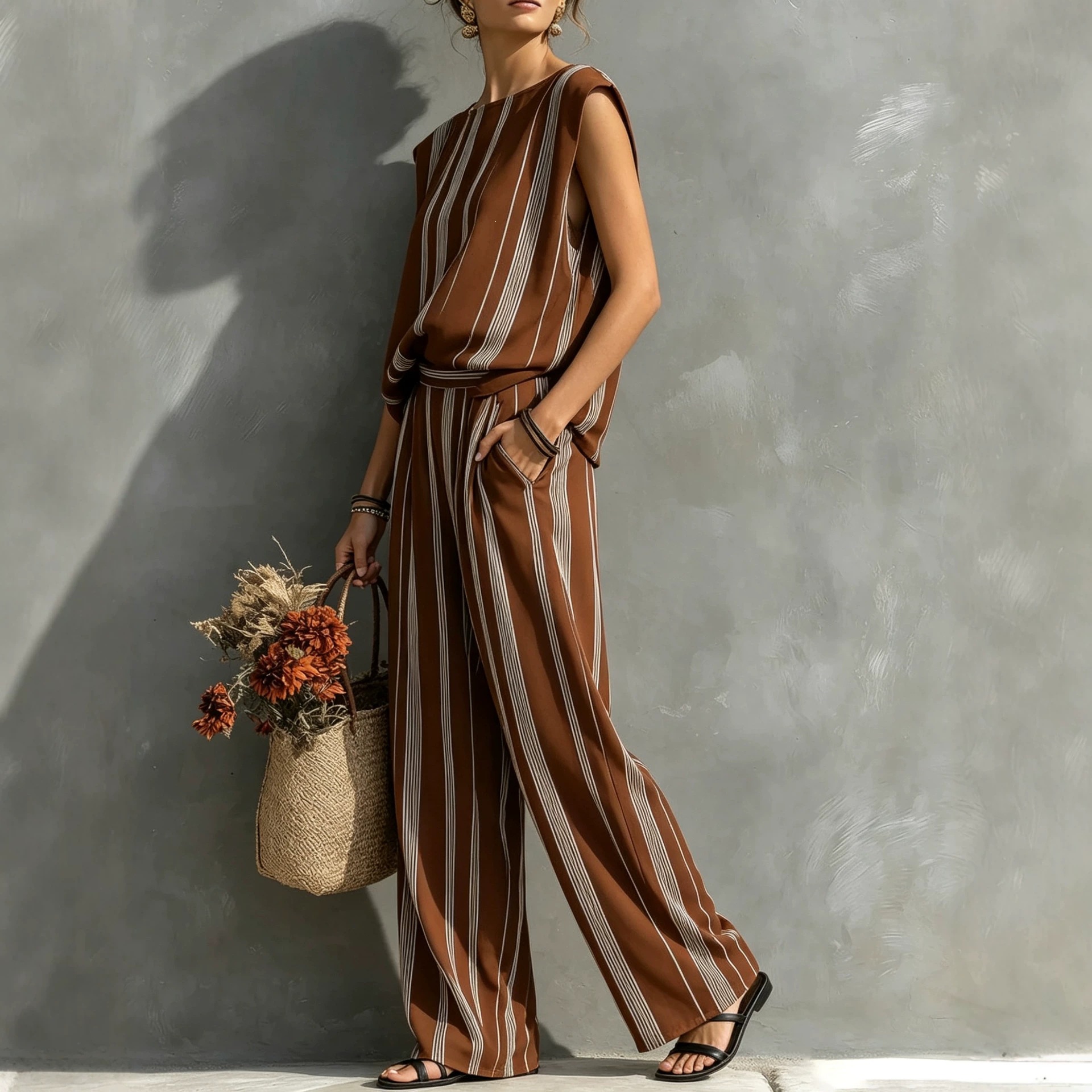 Elegant Round Neck Sleeveless Top and Wide-Leg Pants Two-Piece Set