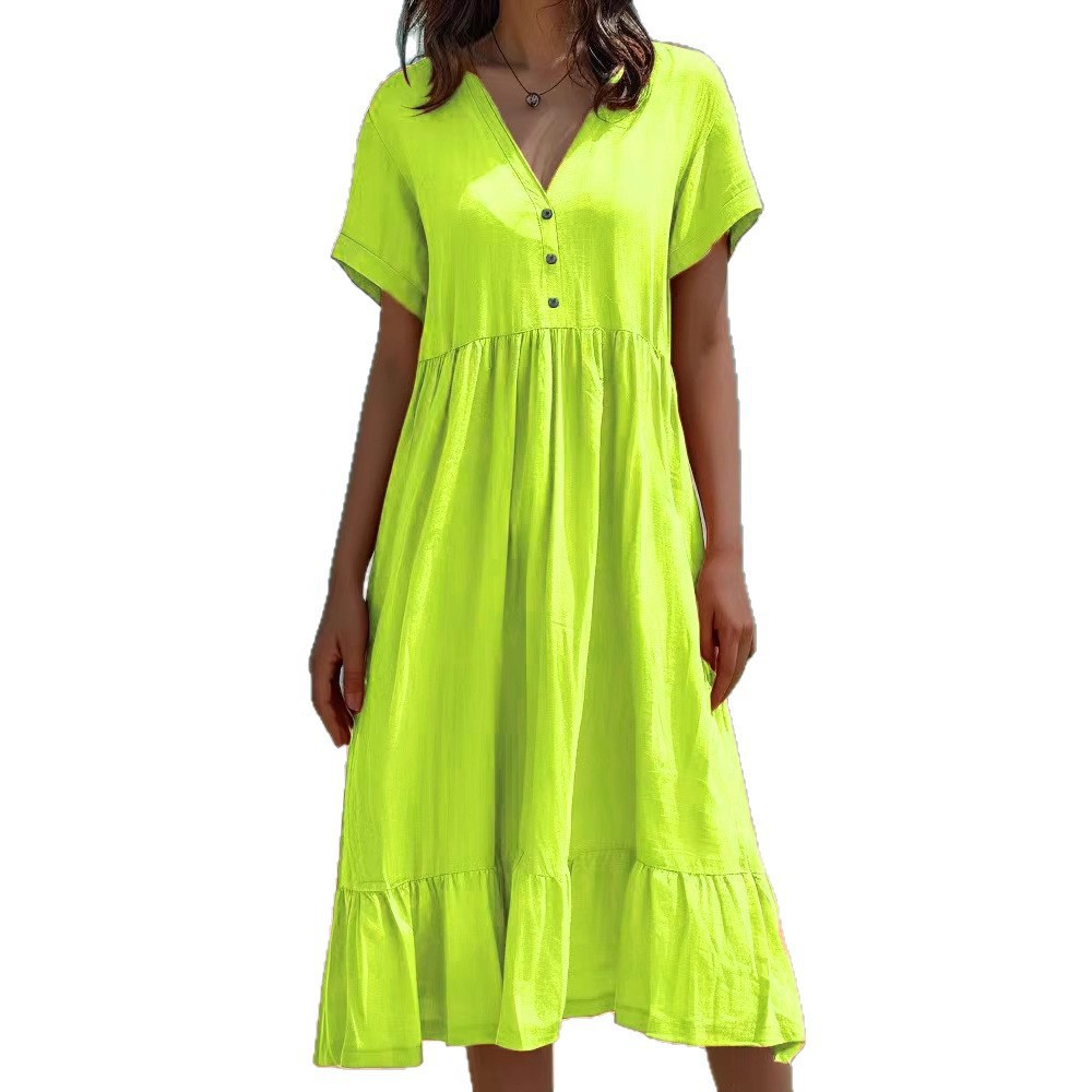V-Neck Three-Button Short Sleeve High Waist Ruffle Midi Dress