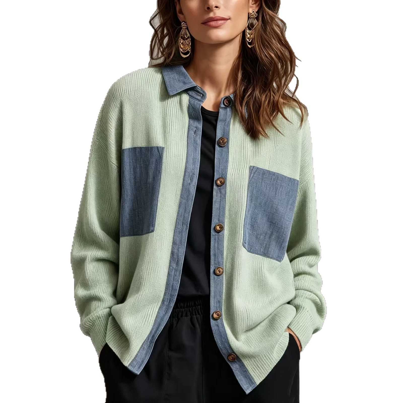 Color-Block Denim-Trim Knit Cardigan with Wood Buttons