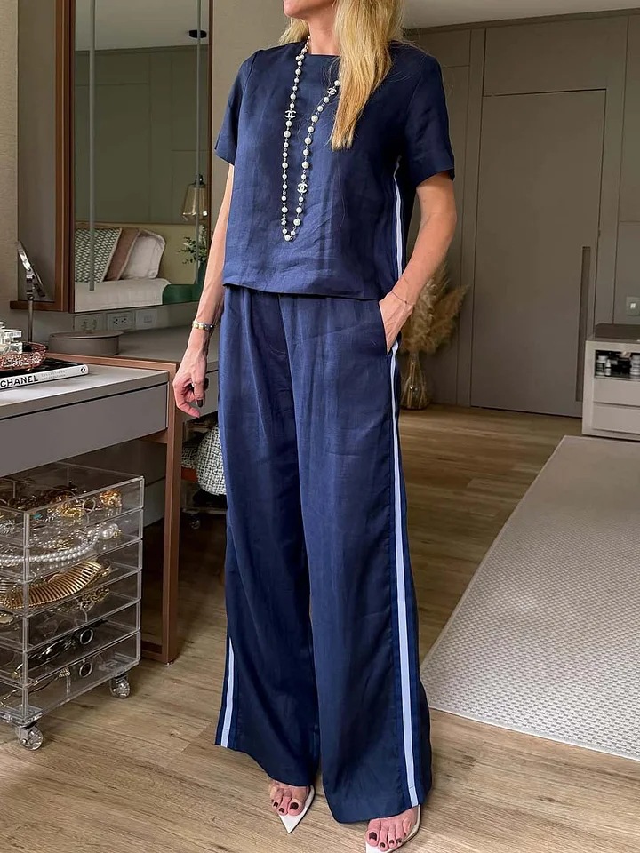 Women's Cotton-Blend Two-Piece Set with Crew Neck Top and Pants