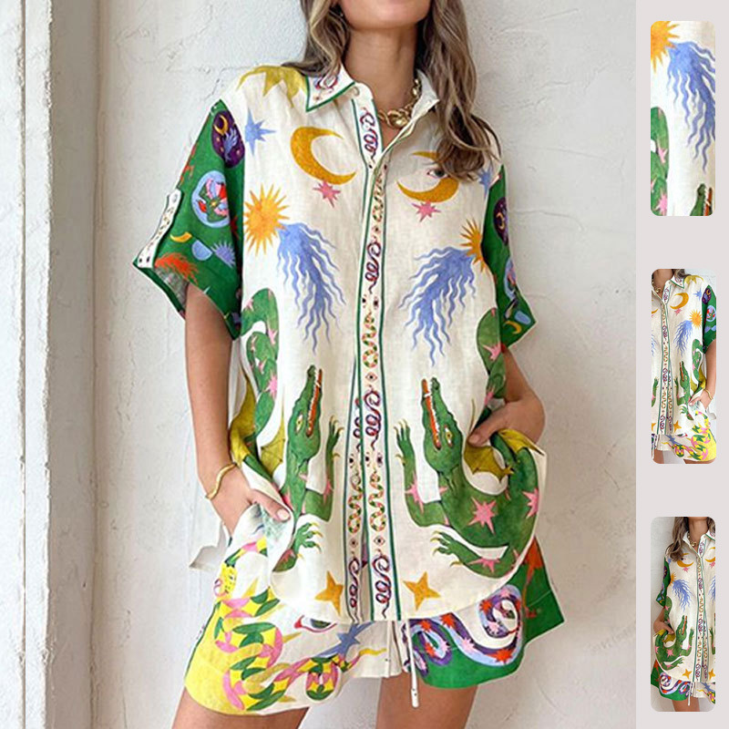 Women's Printed Three-Quarter Sleeve Shirt and Shorts Set Casual Commuter Outfit