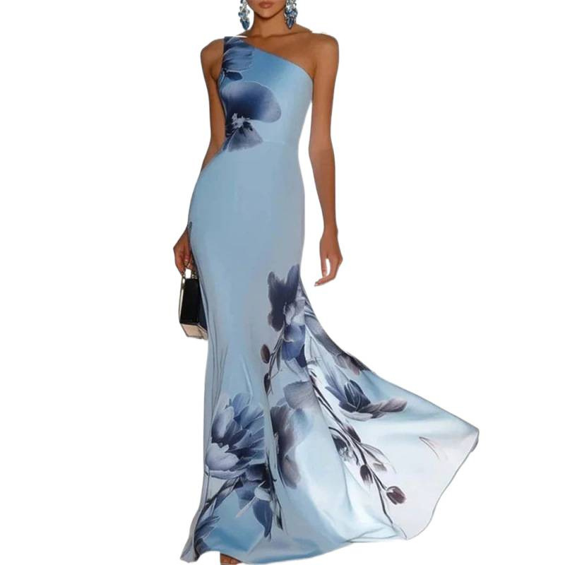 Blue Floral One-Shoulder Long Dress Elegant Evening Gown