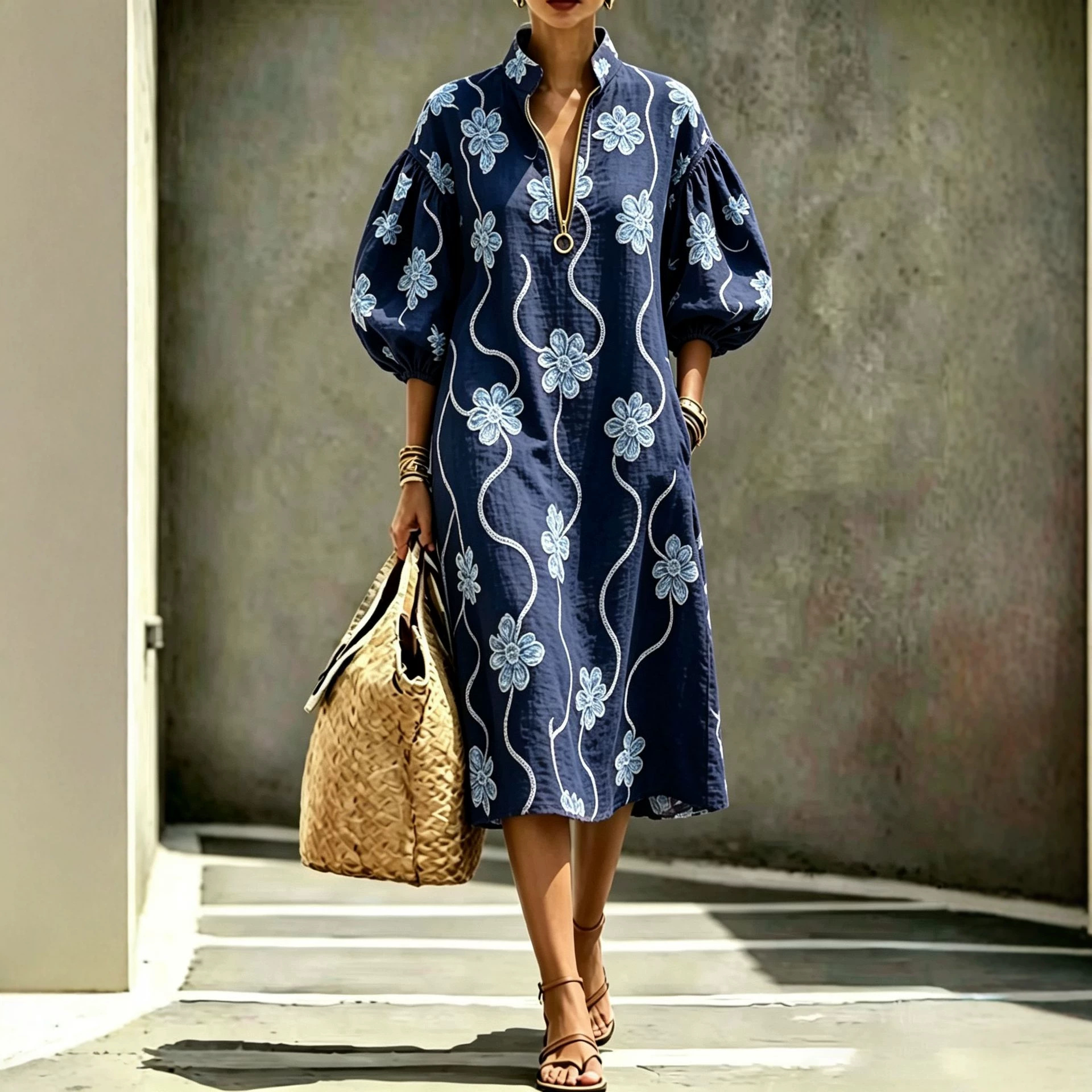 Women's Casual Loose Stand Collar Puff Sleeve Half-Zip Dress
