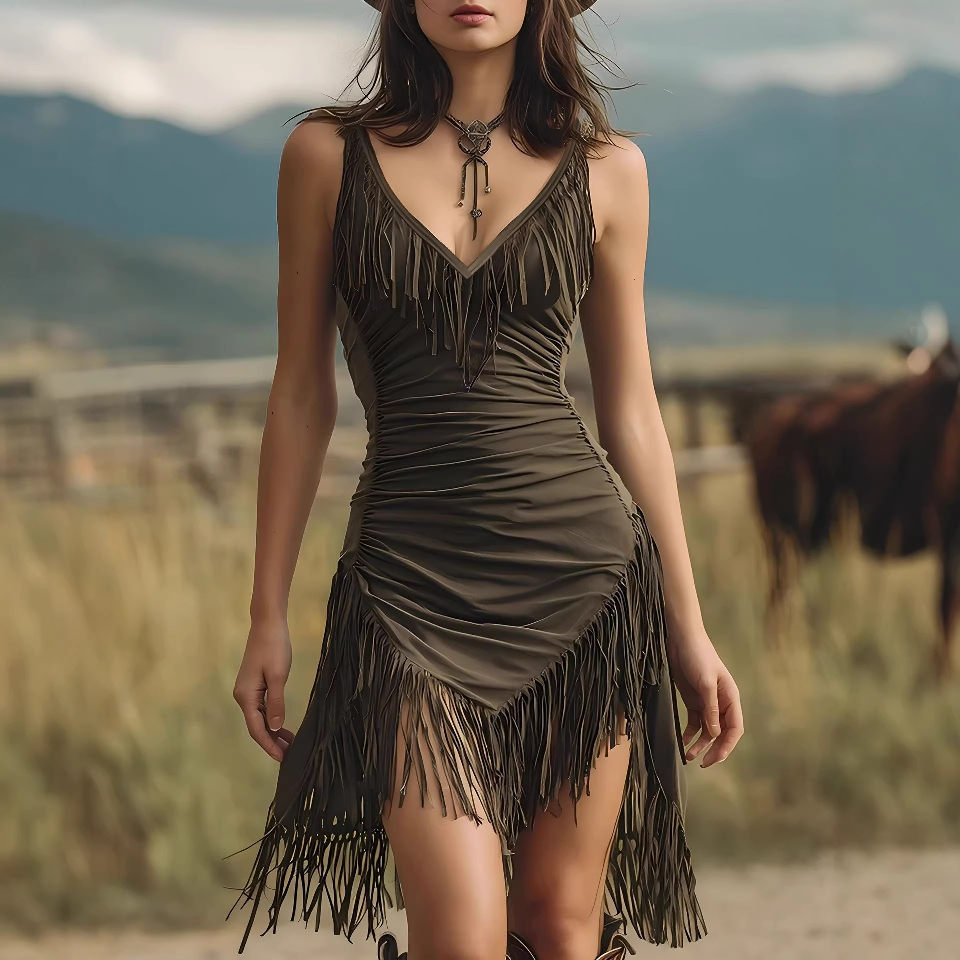 Retro Western Fringe Deep V-Neck Sleeveless Bodycon Cami Dress