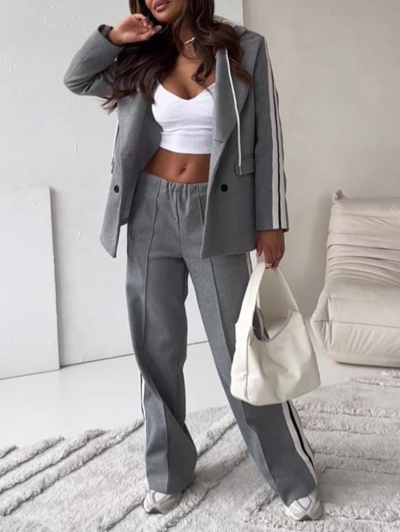 Ribbon Hooded Blazer & Wide-Leg Pants Two-Piece Set