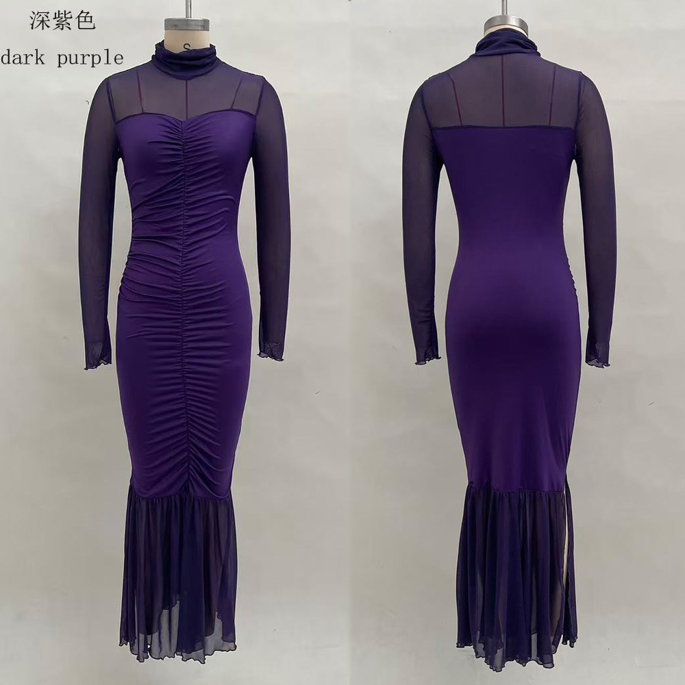 Women's Long Sleeve Solid Color Patchwork High Slit Midi Dress