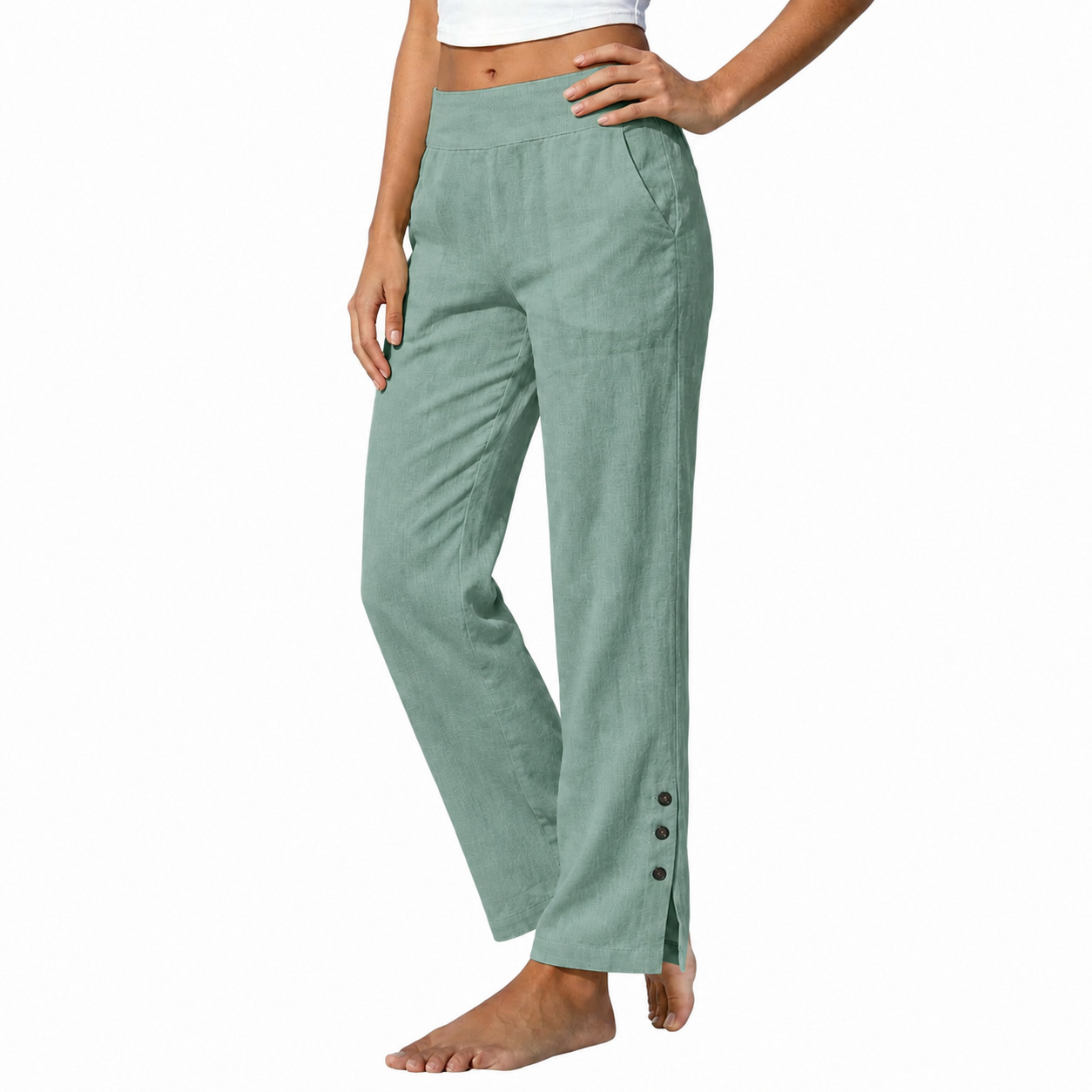 Women's Cotton Linen High Waist Wide Leg Pants with Side Slit Buttons