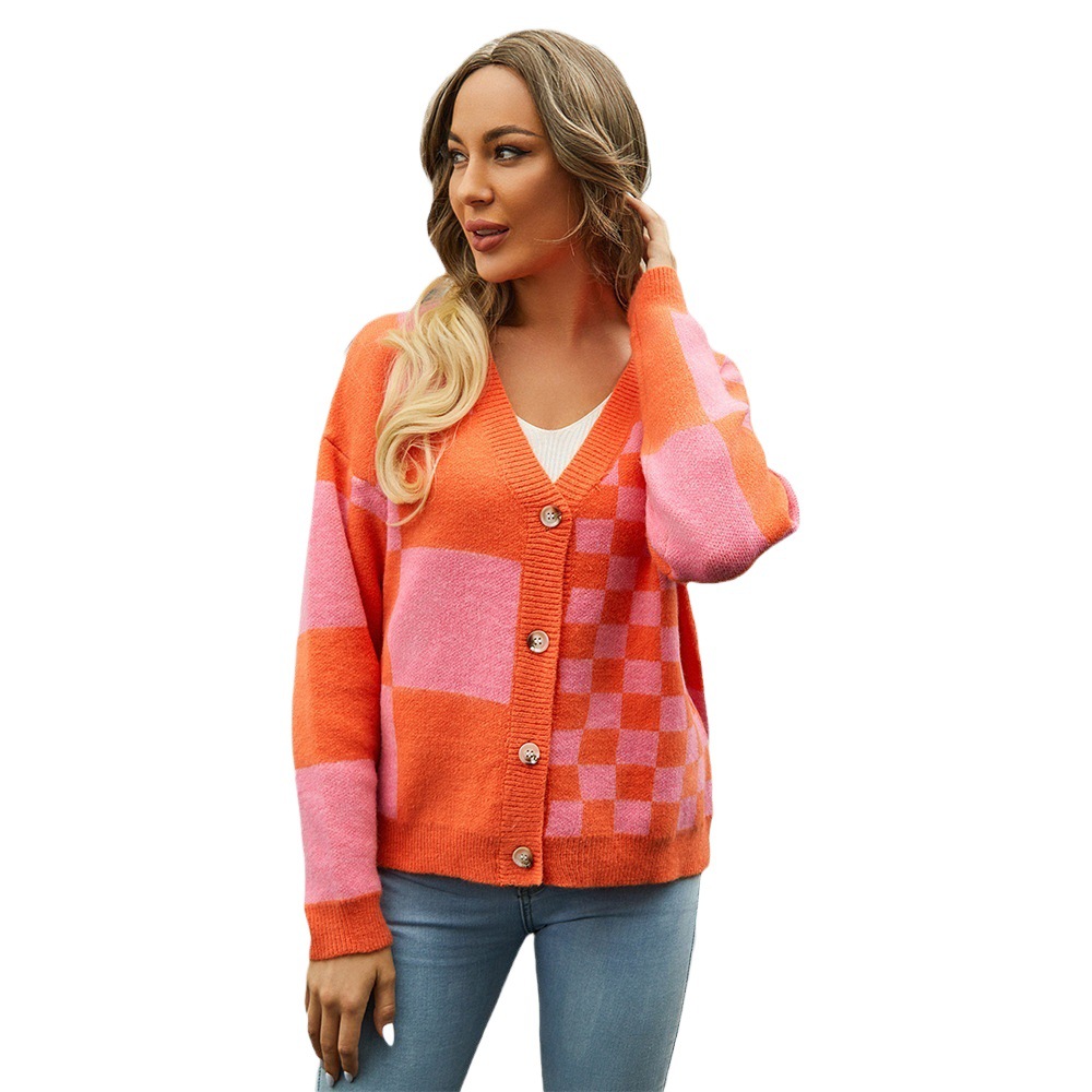 Women's Plaid Spliced Knit Cardigan Sweater Coat
