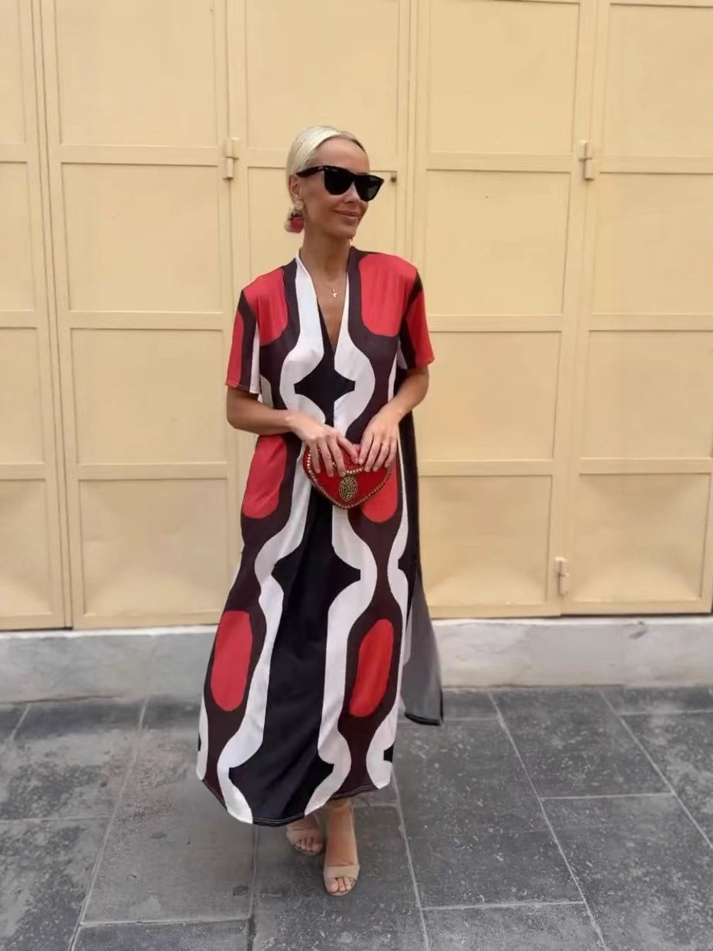 Women's V-Neck A-Line Midi Dress Loose Fit Vacation Style