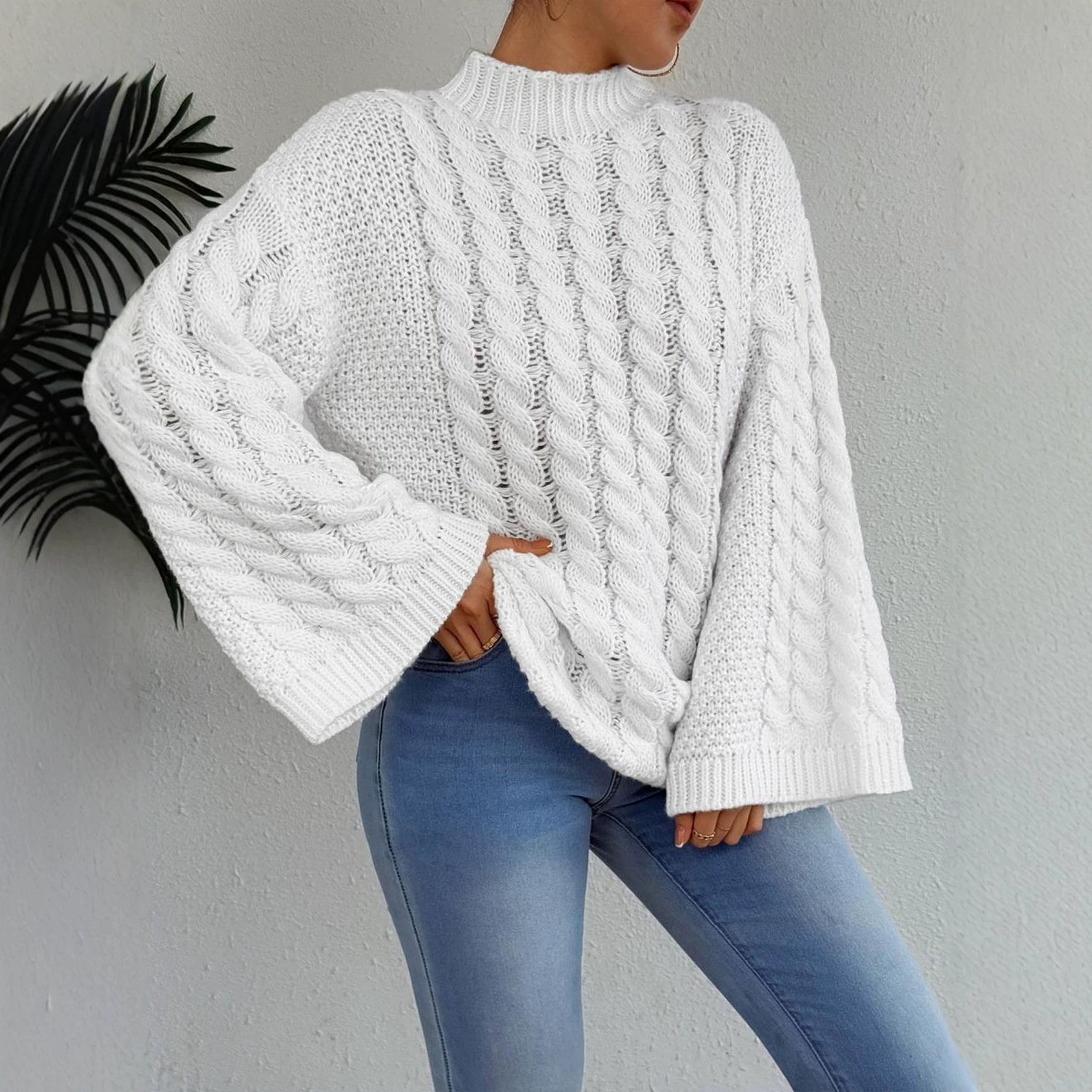 Women's Cable Knit Pullover Sweater, Chunky Loose Fit Crewneck