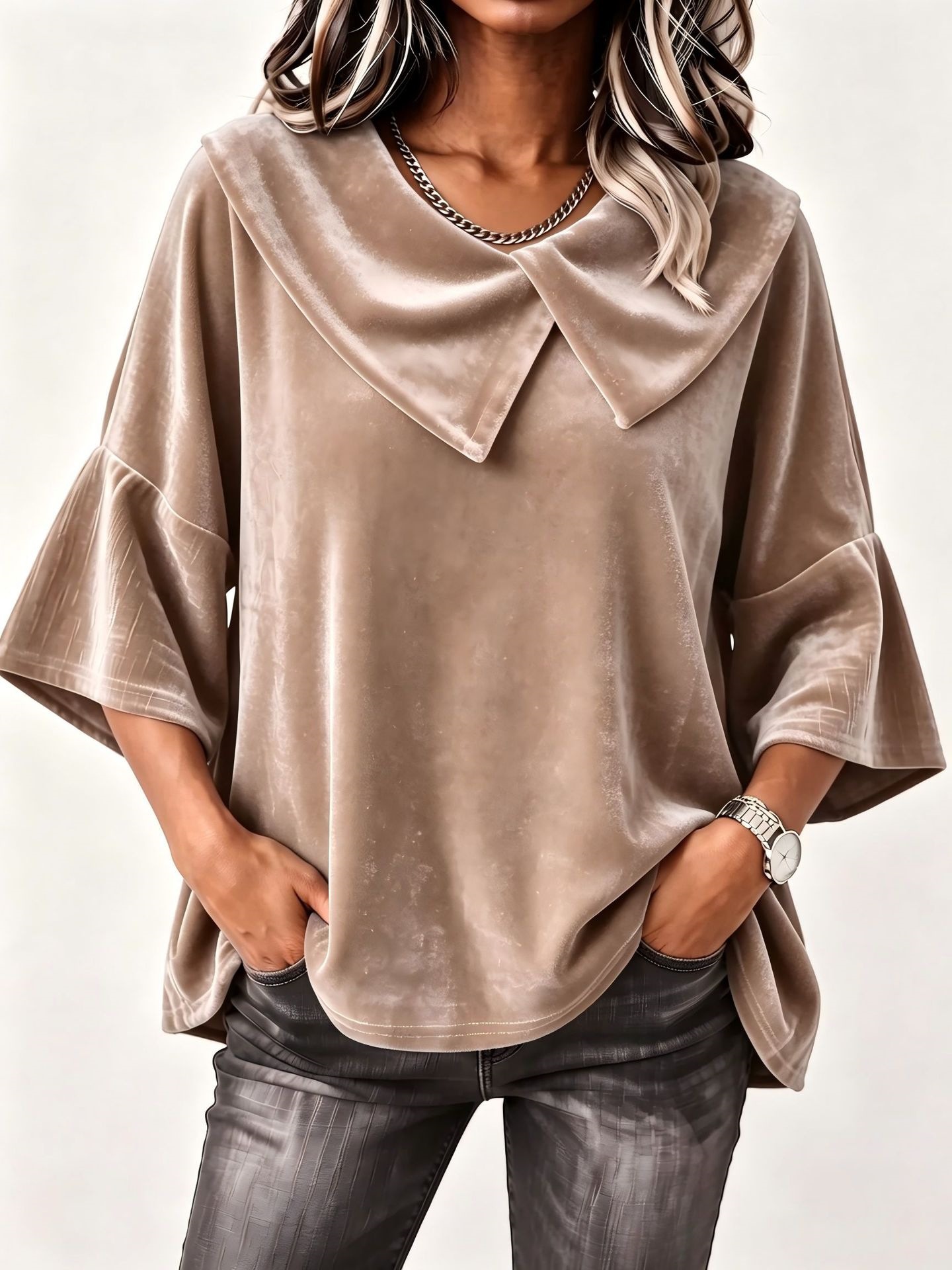 Retro Asymmetric Patchwork Big Lapel Bell Sleeve Loose Velvet Top