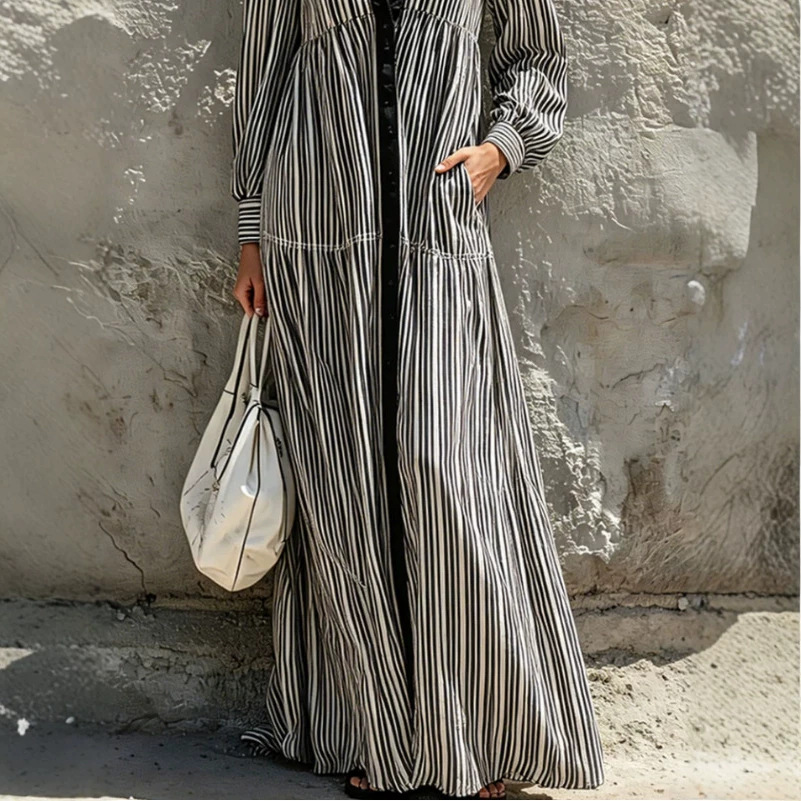 Black and White Striped Long Sleeve Dress
