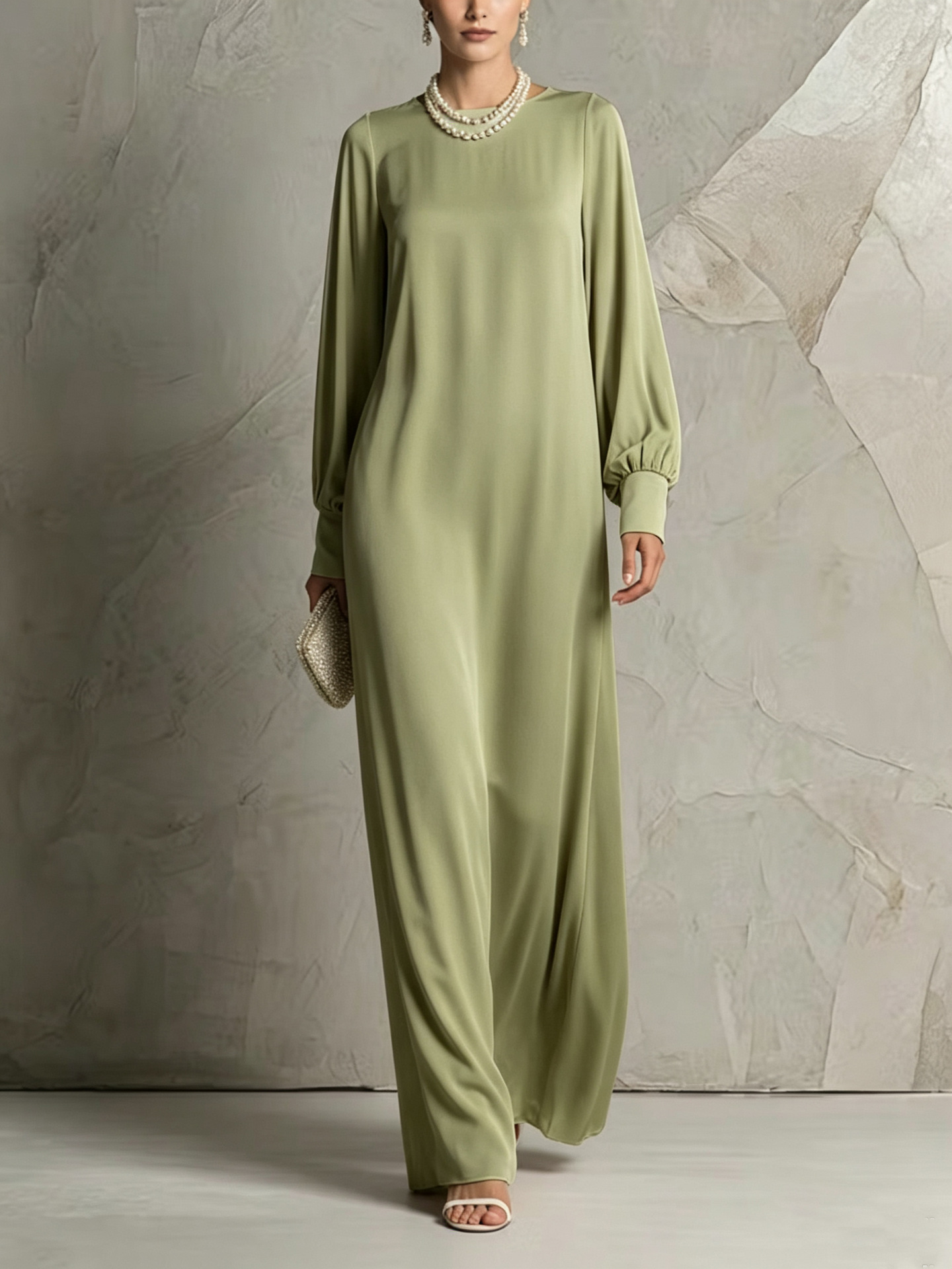Solid Silk-Feel Lantern Sleeve Maxi Dress with Round Neck and Flowing Oversized Skirt