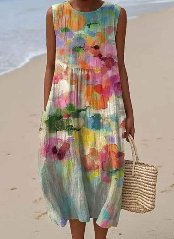 Floral Print Sleeveless Round Neck Loose Midi Dress
