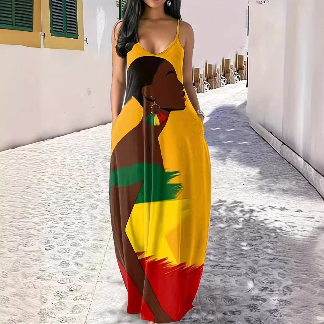 Women's High Waist V-Neck Sleeveless Maxi Dress with 3D Digital Print