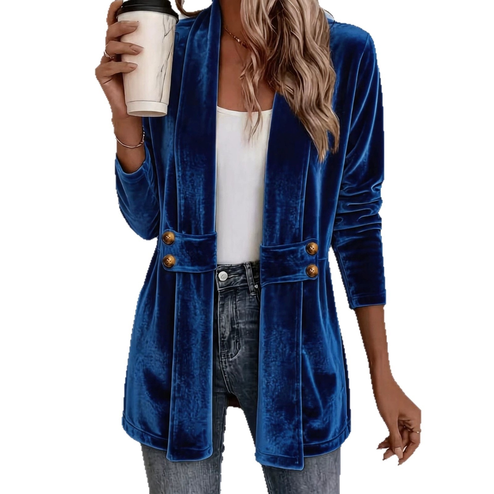 Women's Double-Breasted Gold Velvet Cardigan Lazy Style Mid-Length Top