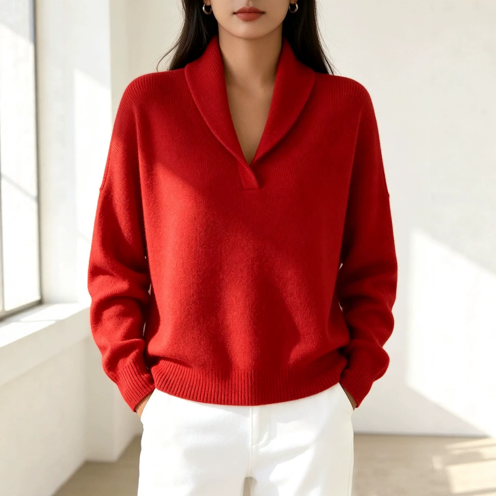 V-Neck Long Sleeve Solid Color Loose Knit Pullover Top