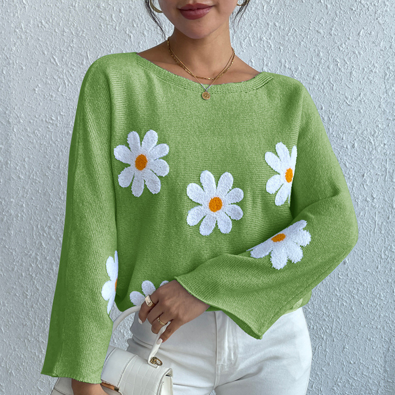 Sweet Floral Embroidered Off-Shoulder Loose Knit Sweater