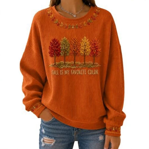 Women's Tree & Maple Leaf Print Crewneck Sweatshirt Casual Pullover
