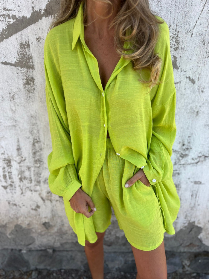 Women's Printed Long-Sleeve Collared Shirt and Shorts Set