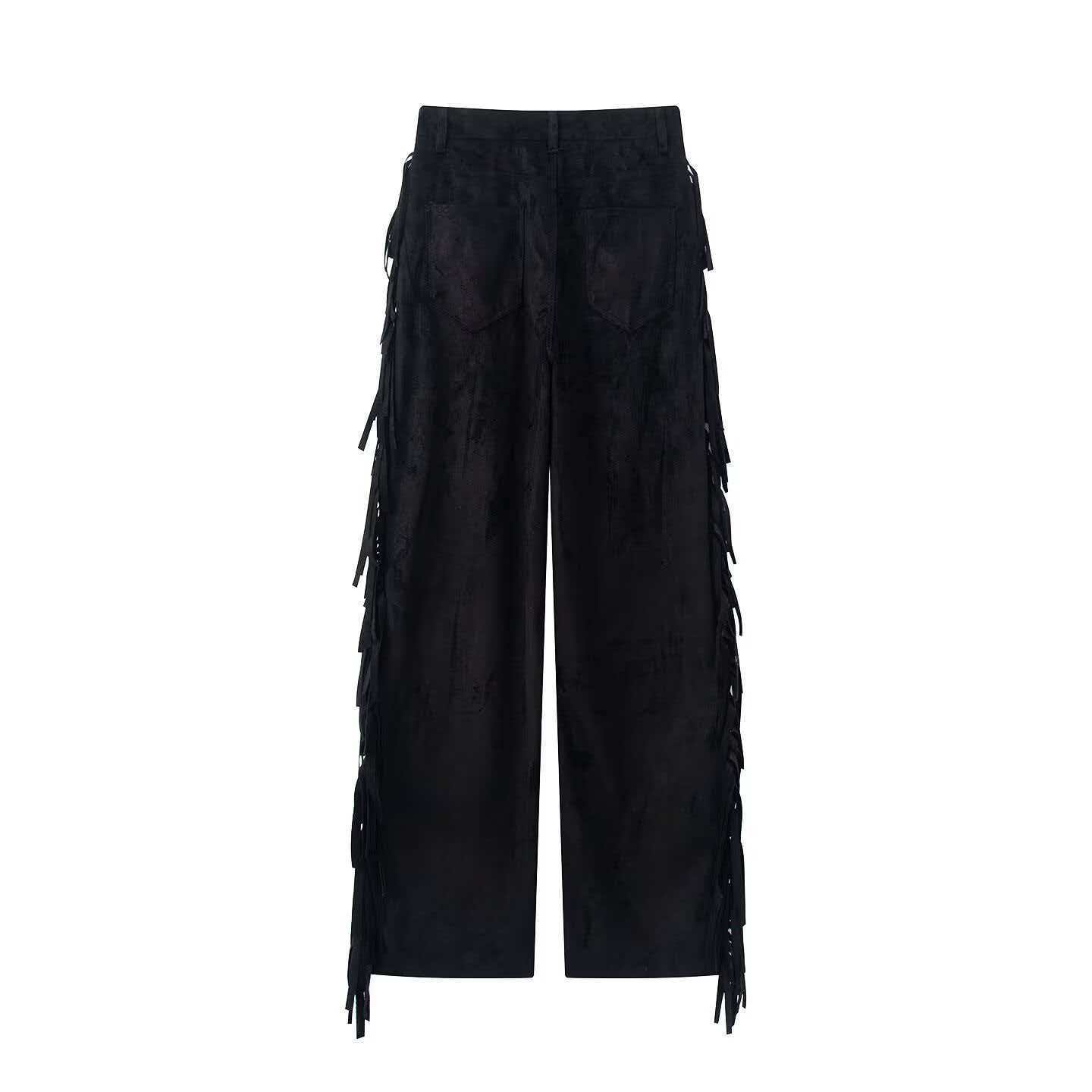 Black Side Fringe Wide-Leg Pants
