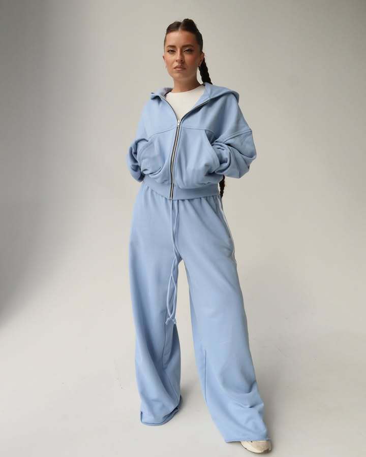 Women's Hooded Drawstring Colorblock Striped Wide-Leg Two-Piece Pants Set