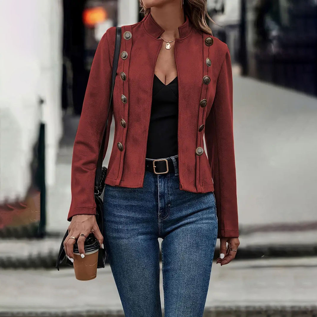 Solid Double-Breasted Vintage Long-Sleeve Jacket