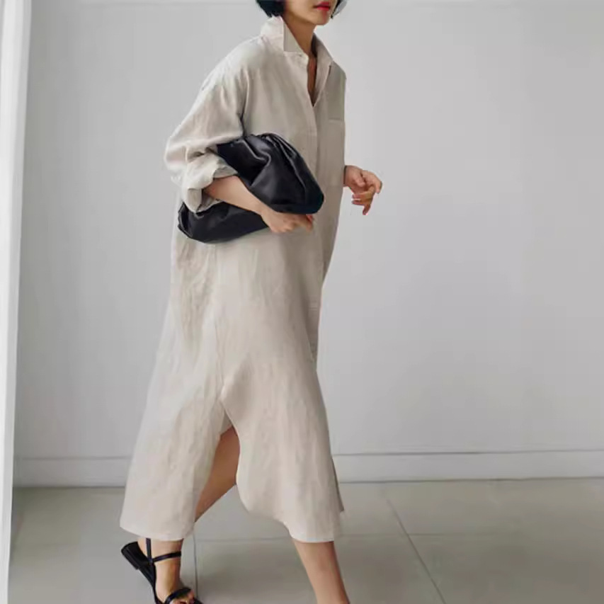 Cotton-Linen Button-Front Shirt Dress Long Asymmetrical Hem