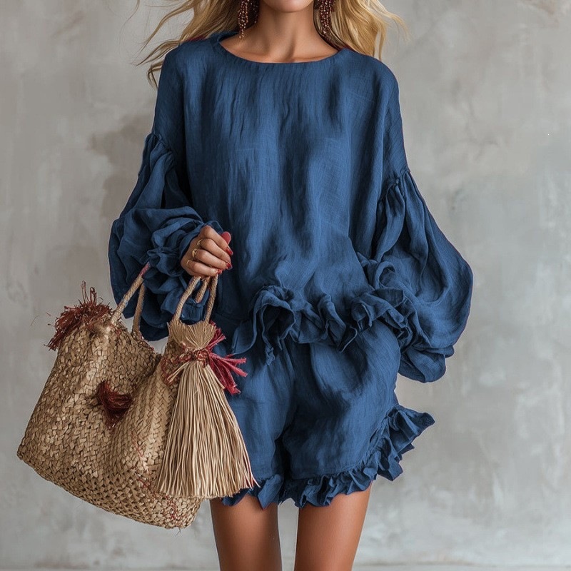 Women's Lantern Sleeve Ruffle Shorts Two-Piece Set