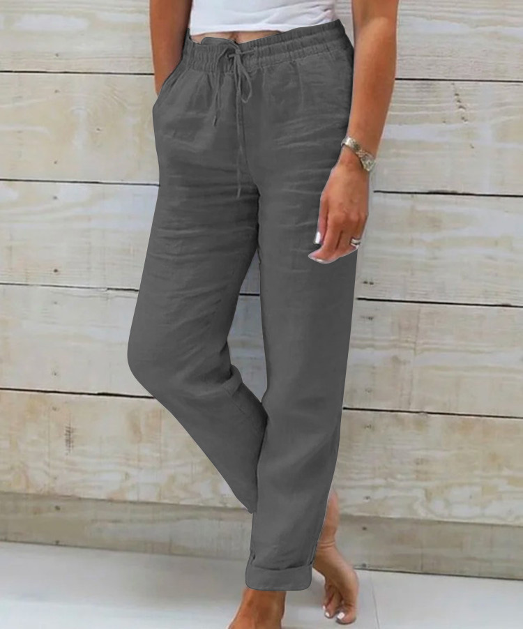 Women's Cotton-Linen Wide-Leg Pants Elastic Waist Solid Color Loose Fit