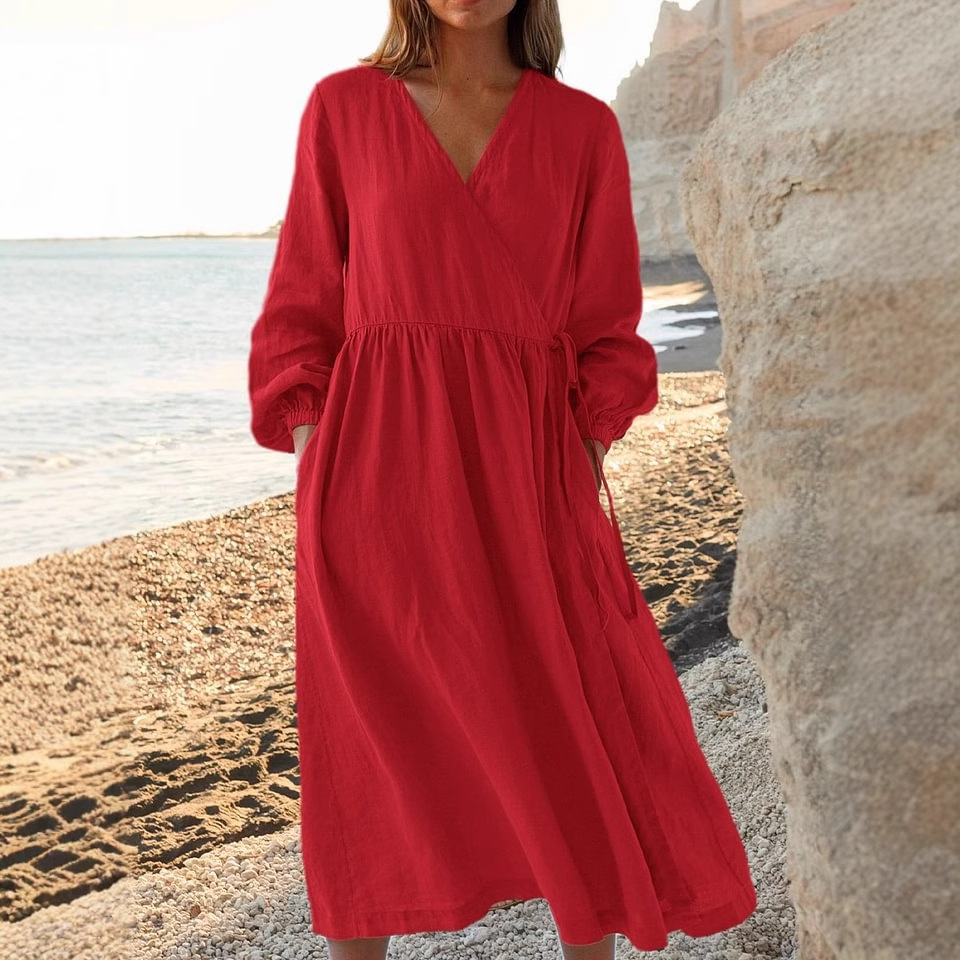 Solid Color Loose High Waist Cotton Linen Dress