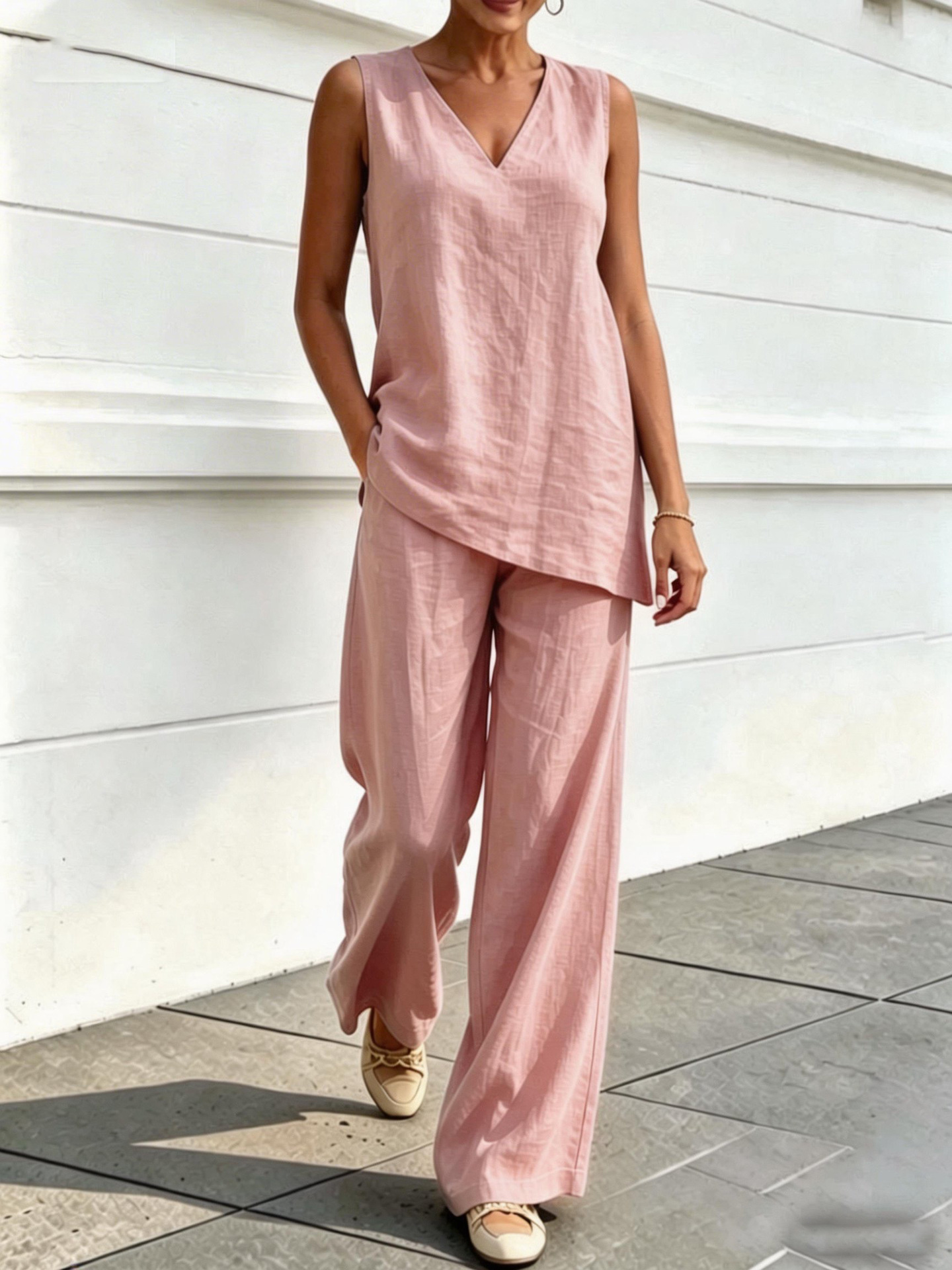 Women's V-Neck Sleeveless Top and Wide-Leg Pants Two-Piece Set