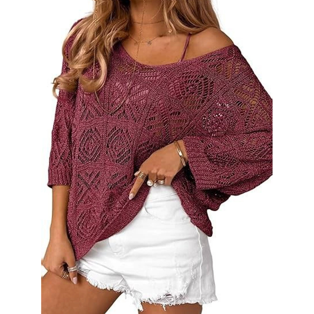 V-Neck Diamond Crochet Hollow-Out Knit Top with Dolman Sleeves