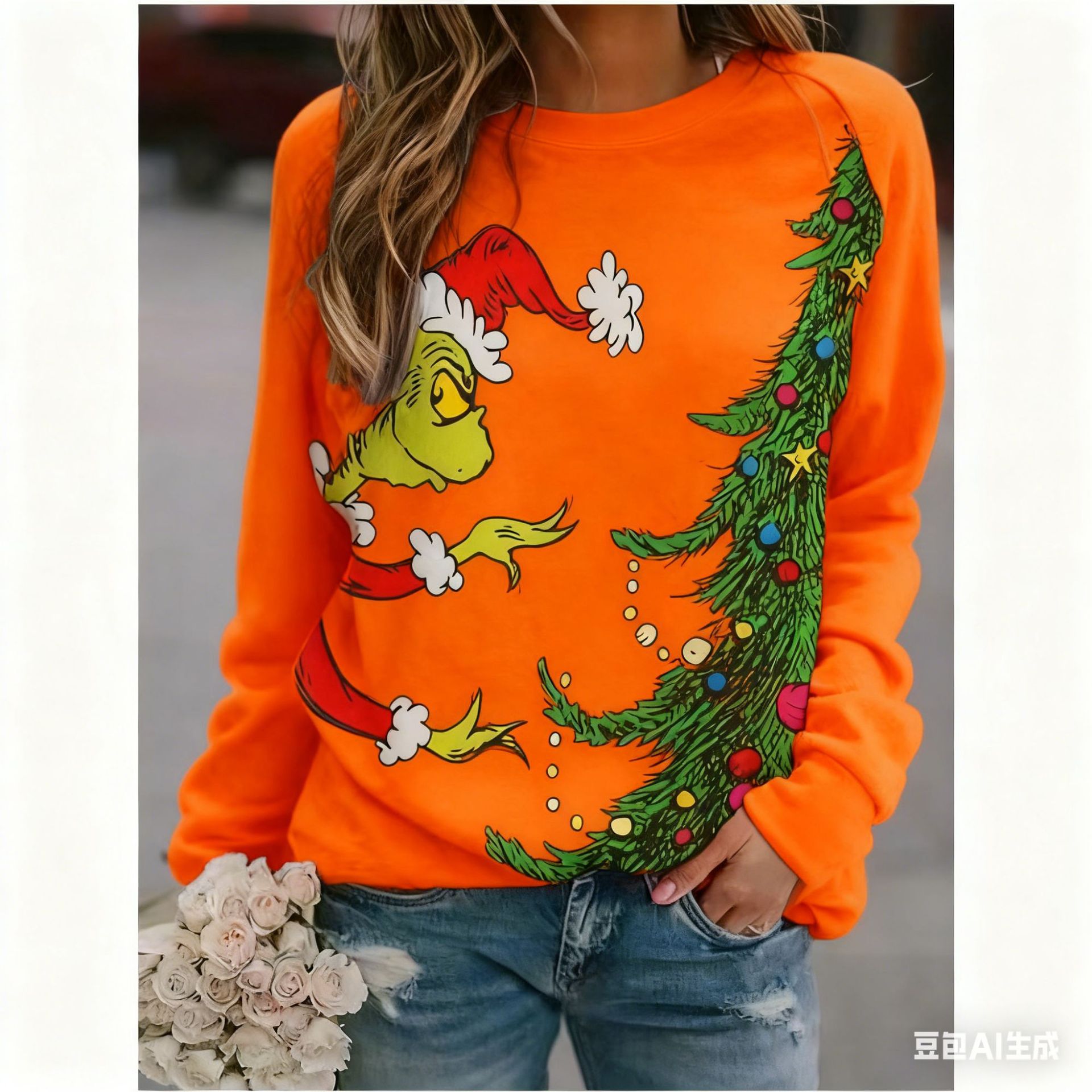 Women's Christmas Tree Grinch Reindeer Print Crewneck Sweatshirt