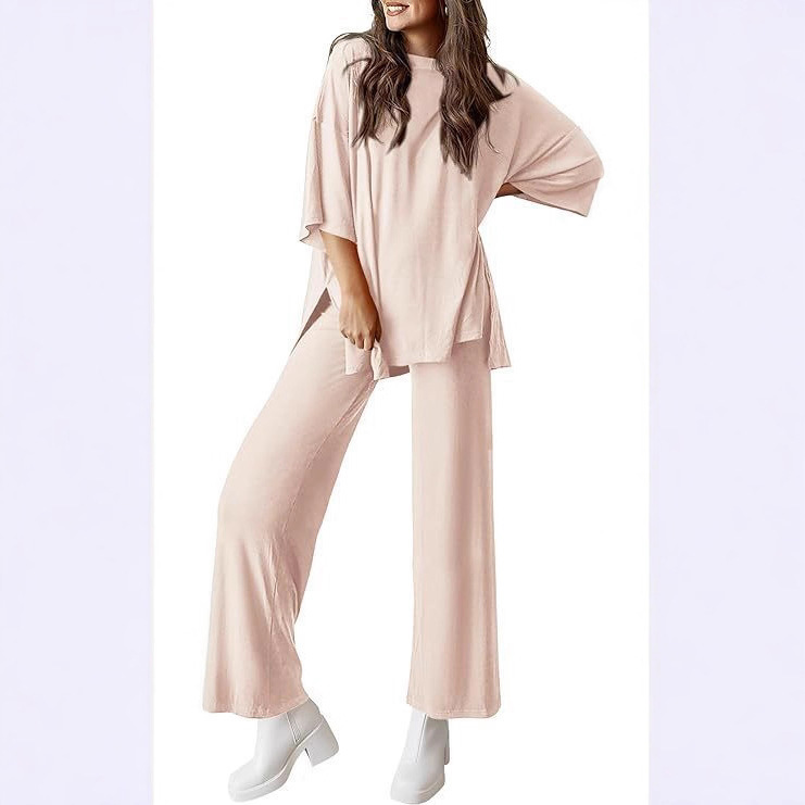 Women's Casual Two-Piece Set Short Sleeve Top & Wide-Leg Pants