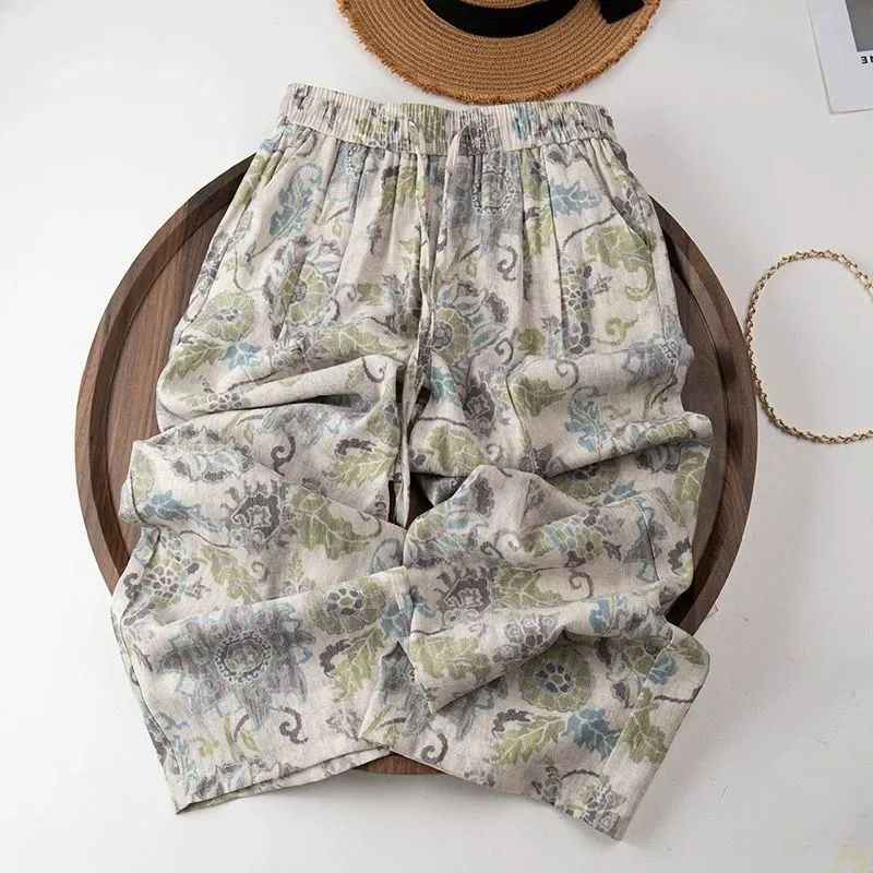 Printed Wide-Leg Pants for Women Lightweight High-Waist Straight-Leg Casual