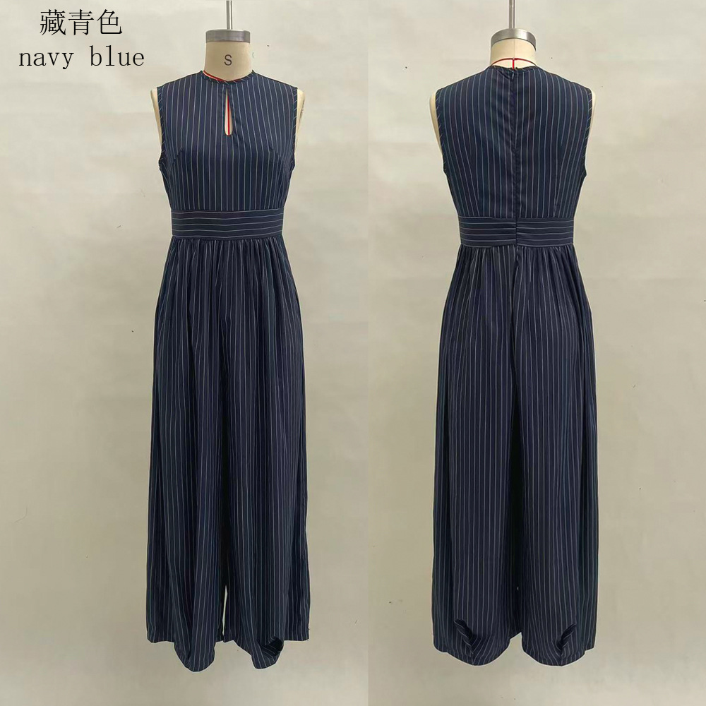 Navy Striped Sleeveless Wide-Leg Jumpsuit with Waist Cinch