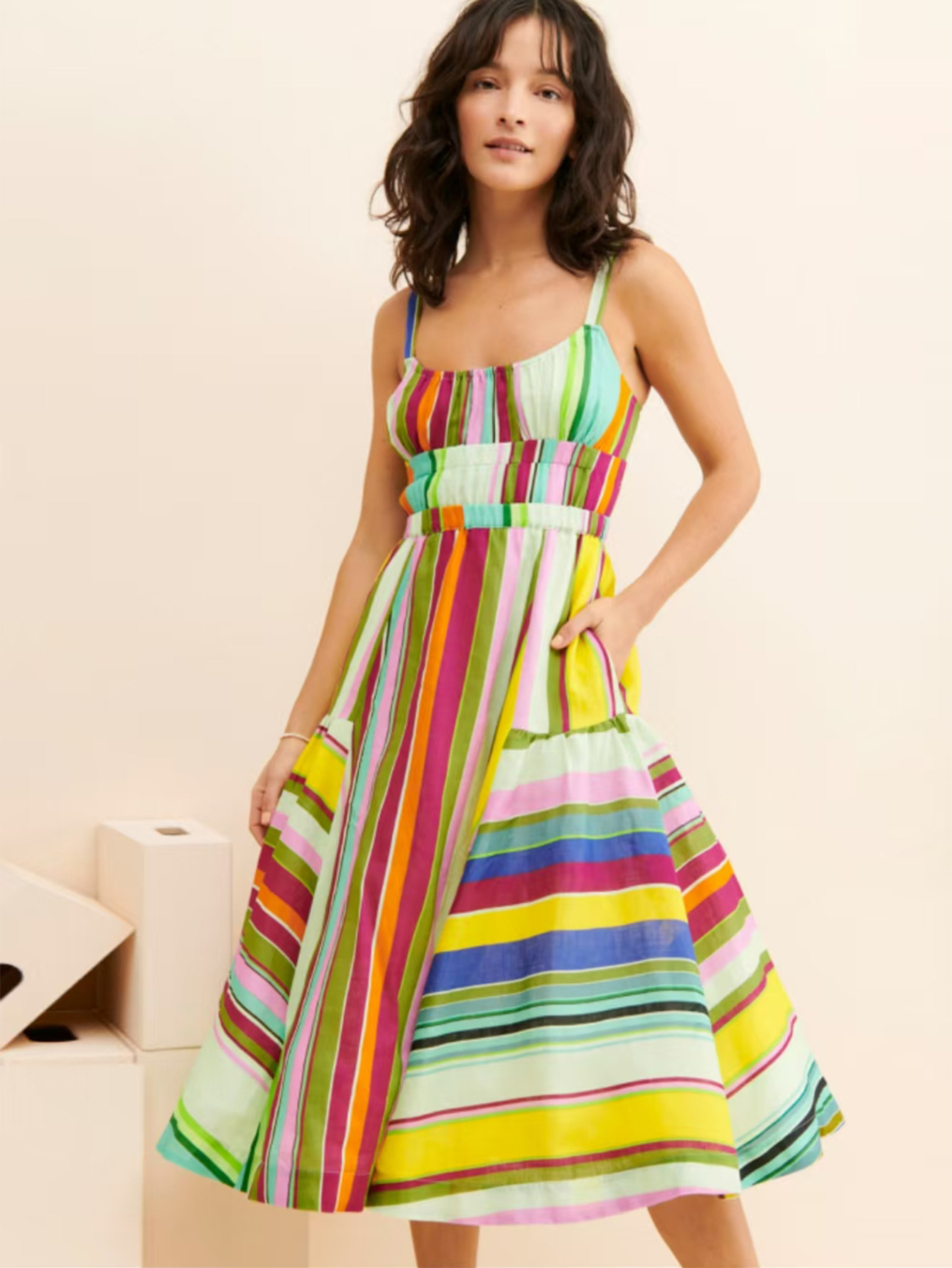 Colorful Striped Backless Tassel Tie Big Swing Cami Dress