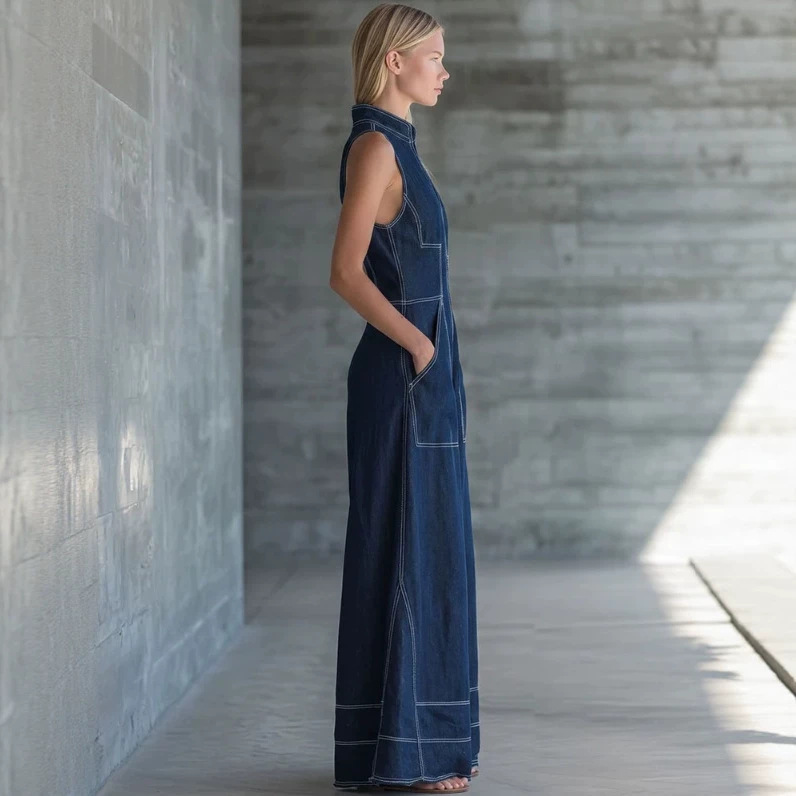 Vintage Solid Color Wide-Leg Sleeveless Denim Jumpsuit