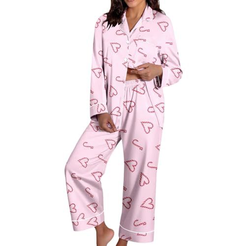 Women's Cuban Collar Christmas Bow Print Long Sleeve Shirt Set