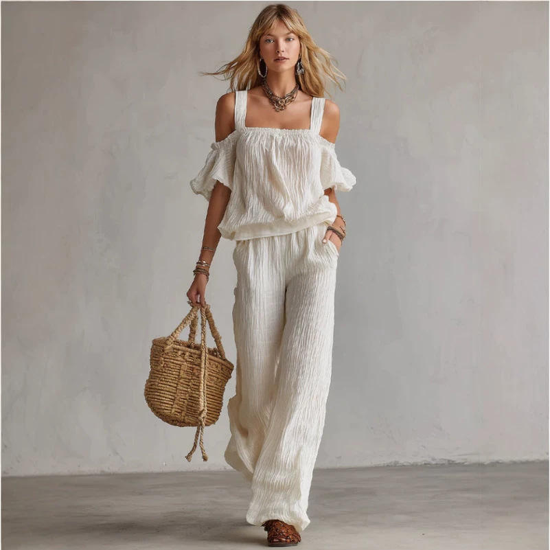 Minimalist White Tee & Wide-Leg Pants Set, Crinkled Polyester