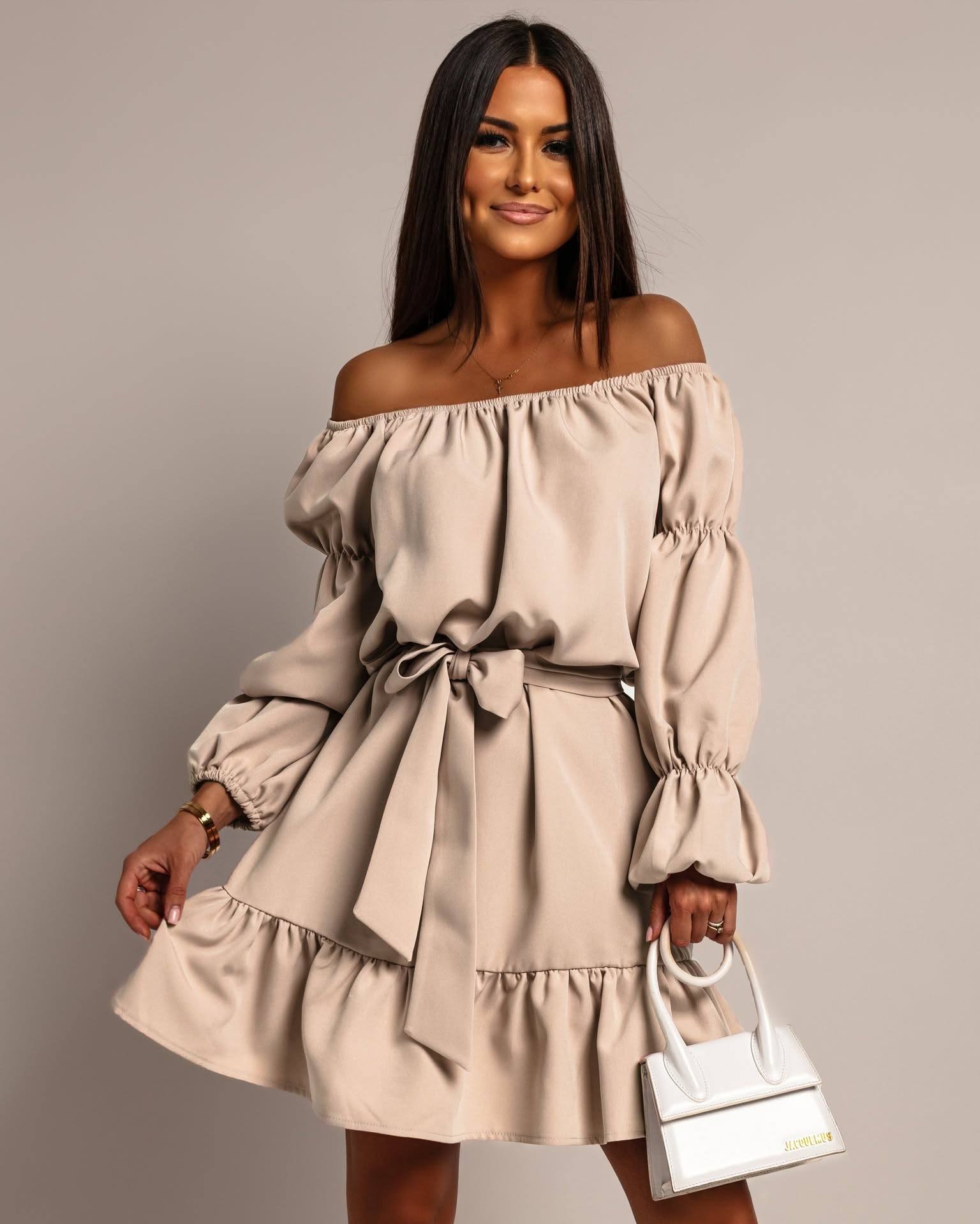 Off-Shoulder Lantern Sleeve High Waist Short Dress